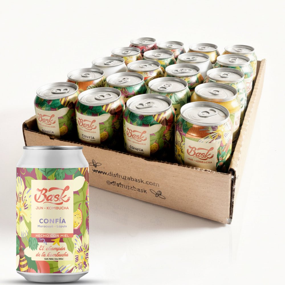 Confía Jun Kombucha de Maracuyá y Lúpulo 355ml - Pack de 24 latas - disfrutabask