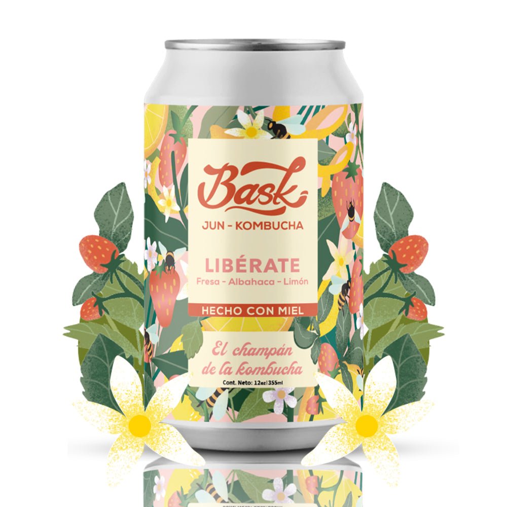 Libérate Jun Kombucha de Fresa, Limón y Albahaca 355ml - Pack de 24 latas - disfrutabask